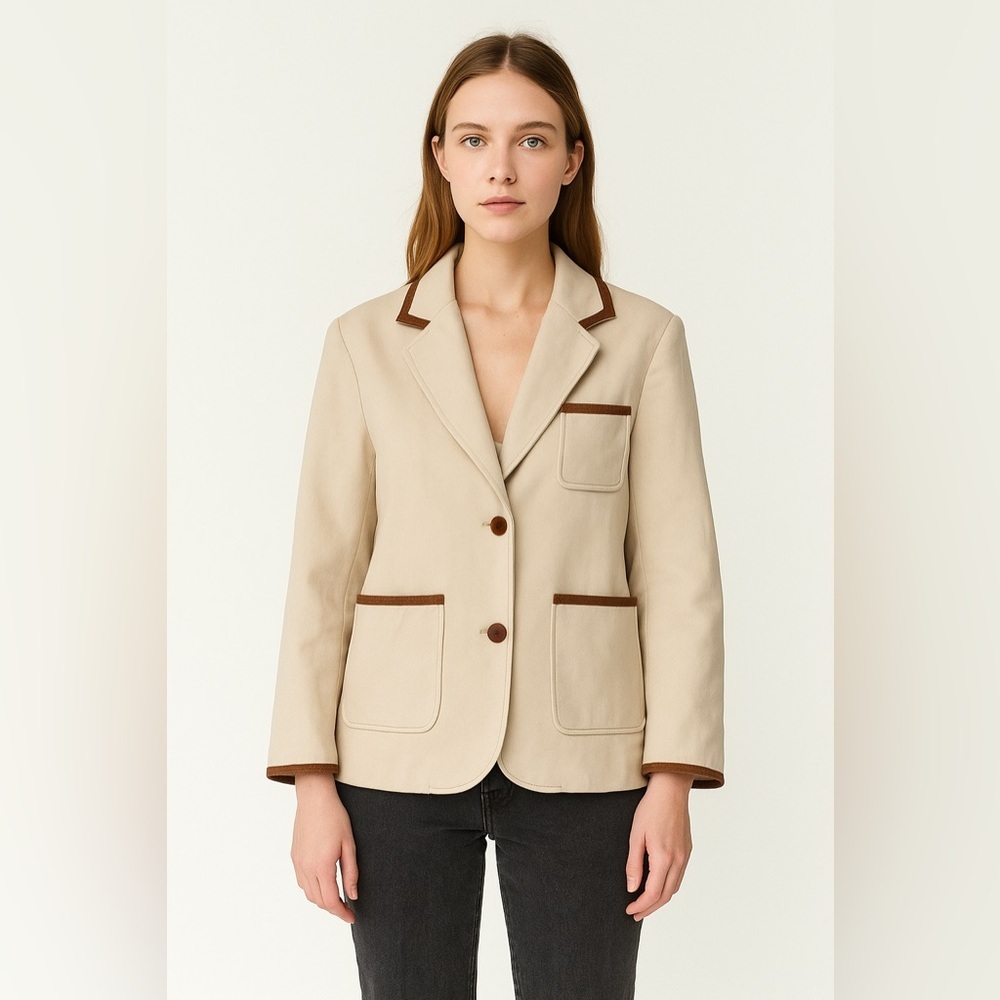 LA VIE Vegan Leather Trim Blazer Oatmeal L